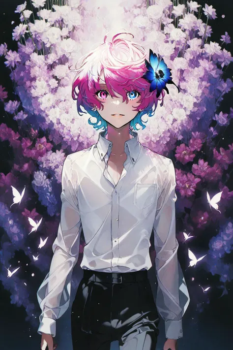 best quality,aesthetic,detailed,by yoneyama mai,(colorful:1.3),1boy,solo,full_shot,looking at viewer,multicolored eyes,pink eyes,one eye covered,flower over eye,eyelashes,short hair,pink hair,blue hair,floating hair,multicolored hair,hair flower,hair ornament,bangs,white skin,white shirt,shirt,perspective clothe,pants,flower,butterfly,blue butterfly,blue flower,purple flower,petals,glowing,highres,<lora:add-detail-xl:1>,<lora:d4rk01lXLP:1>,<lora:Detailed_Anime_Style_Backgrounds_for_PonyXL:1>,