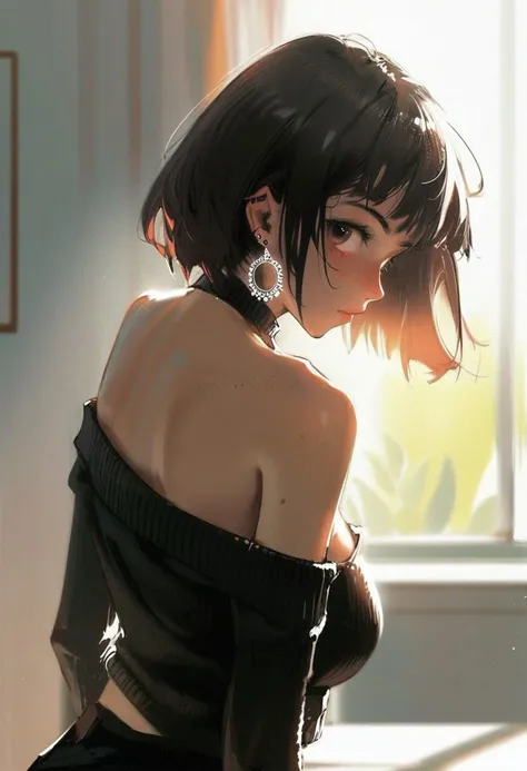 by dino, by tsubonari, 1girl, impasto, bent over, luscious look, room, soft light, sun light, short hair, black hair, young, black top, small sweater, lace top with exposed shoulders, huge breast, medium ass, subtle freckles, brown eyes, (sharp jaw:.8) creole earring, circle earring, beautiful, aesthetic, detailed, beautiful color amazing quality, best quality, high quality