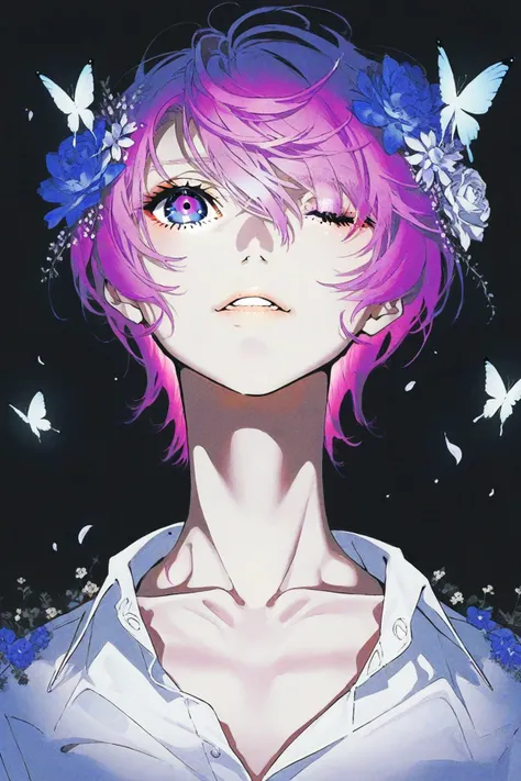 best quality,aesthetic,detailed,by yoneyama mai,(colorful:1.5),1boy,solo,medium_shot,looking at viewer,multicolored eyes,pink eyes,one eye covered,flower over eye,eyelashes,short hair,pink hair,purple hair,floating hair,multicolored hair,hair flower,hair ornament,bangs,white skin,white shirt,shirt,perspective clothe,flower,butterfly,blue butterfly,blue flower,purple flower,petals,glowing,highres,<lora:add-detail-xl:1>,<lora:d4rk01lXLP:1>,<lora:Detailed_Anime_Style_Backgrounds_for_PonyXL:1>,