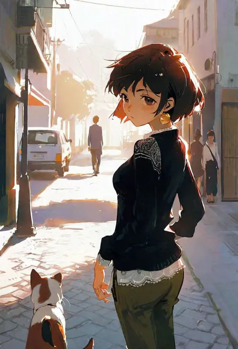 by dino, by tsubonari, 1girl, impasto, street, soft light, sun light, walking, short hair, black hair, young, black top, small sweater, lace on shoulders, shoulder visible throw lace, bell-bottoms pant, medium breast, medium ass, subtle freckles, brown eyes, (sharp jaw:.8) creole earring, circle earring, beautiful, aesthetic, detailed, beautiful color amazing quality, best quality, high quality