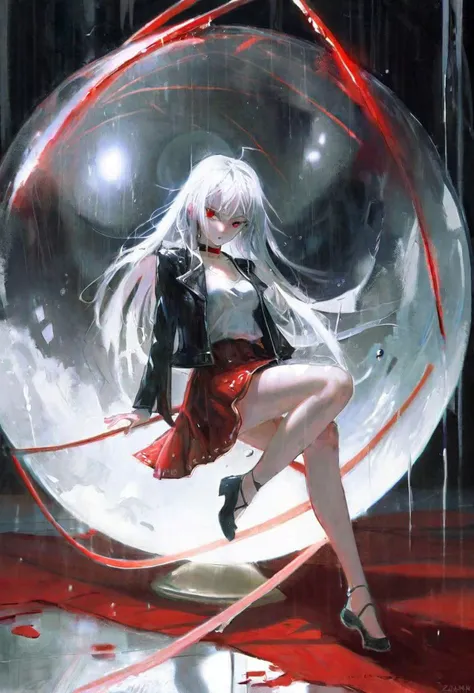 by ziyun by krenz by yogisya,
by dino,solo,queen princess,Young assertive woman with waist-length white hair wet from the storm,pure white hair,long hair,ruby eyes, strands clinging to her icy complexion. black jacket, skirt,collar, and a choker, she nonchalantly rests one leg on scattered glass, another extending into the void. Flipping a metal orb with intricate cut-outs, casting a soft blue light, her gaze, sharp and enigmatic like a ruby, ruby eyes,surveys the scene with calm. The environment evokes a post-modern desolation, captured from an engaging angle that underlines the details,,