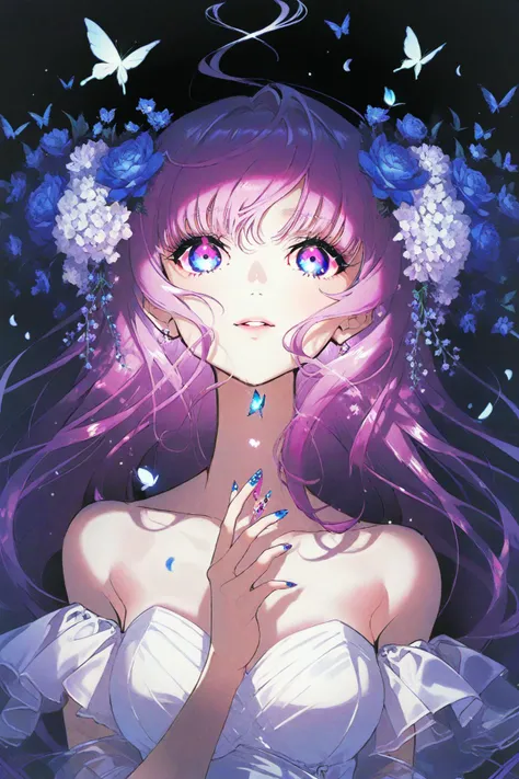 best quality,aesthetic,detailed,by yoneyama mai,(colorful:1.5),1girl,solo,upper body,looking at viewer,multicolored eyes,pink eyes,one eye covered,flower over eye,eyelashes,long hair,pink hair,purple hair,floating hair,multicolored hair,hair flower,hair ornament,bangs,breasts,white dress,dress,bare shoulders,fingernails,nail polish,flower,butterfly,blue butterfly,blue flower,purple flower,strapless,petals,glowing,highres,<lora:add-detail-xl:1>,<lora:d4rk01lXLP:1>,<lora:Detailed_Anime_Style_Backgrounds_for_PonyXL:1>,