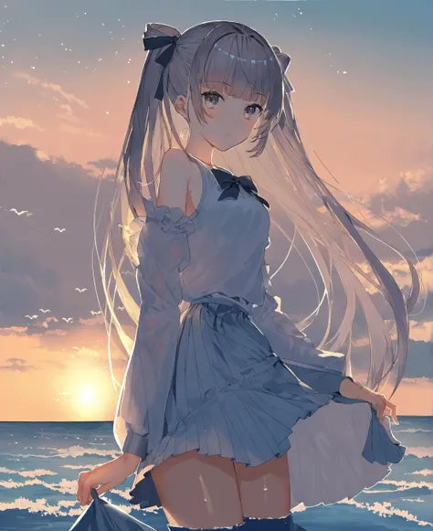 by sushi0831, disheveled hair, frills, 1girl, solo, dynamic angle, big top sleeves, floating, beautiful detailed sky, beautiful detailed water, beautiful detailed eyes, overexposure, fist, expressionless, side blunt bangs, hair between eyes, ribbons, bowties, buttons, bare shoulders, small breast, detailed wet clothes, blank stare, pleated skirt, flowers,, a masterpiece with best quality, detailed 4k illustration, by sushi0831, disheveled hair, frills, 1girl, solo, dynamic angle, big top sleeves, floating, beautiful detailed sky, beautiful detailed water, beautiful detailed eyes, overexposure, fist, expressionless, side blunt bangs, hair between eyes, ribbons, bowties, buttons, bare shoulders, small breast, detailed wet clothes, blank stare, pleated skirt, flowers,