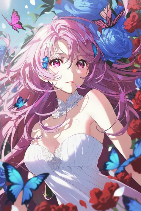 best quality,aesthetic,detailed,by yoneyama mai,colorful,1girl,solo,upper body,looking at viewer,multicolored eyes,pink eyes,one eye covered,flower over eye,eyelashes,long hair,pink hair,purple hair,floating hair,multicolored hair,hair flower,hair ornament,bangs,breasts,white dress,dress,bare shoulders,fingernails,nail polish,flower,butterfly,bug,blue butterfly,blue flower,red flower,purple flower,strapless,petals,<lora:add-detail-xl:1>,highres,