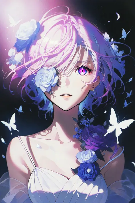 best quality,aesthetic,detailed,by yoneyama mai,(colorful:1.5),1boy,solo,upper body,looking at viewer,multicolored eyes,pink eyes,one eye covered,flower over eye,eyelashes,short hair,pink hair,purple hair,floating hair,multicolored hair,hair flower,hair ornament,bangs,white skin,white shirt,shirt,bare shoulders,flower,butterfly,blue butterfly,blue flower,purple flower,strapless,petals,glowing,highres,<lora:add-detail-xl:1>,<lora:d4rk01lXLP:1>,<lora:Detailed_Anime_Style_Backgrounds_for_PonyXL:1>,medium_shot,