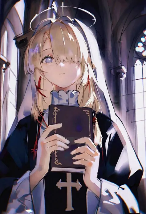 by suzukasuraimu, best quality, masterpiece, detailed, aesthetic, pseudo impasto, blonde hair, church, 1girl, holding, nun, hair over one eye, book, indoors, cross, jewelry, holding book, necklace, medium hair, robe