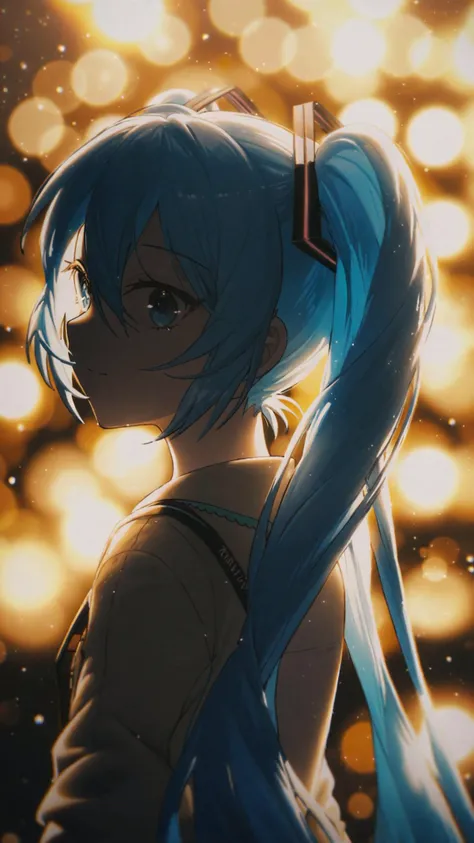 by konya karasue, 1girl, solo, blue sky, night, bokeh, depth of field, horizon, city lights, backlighting, light particles, upper body, hatsune miku, <lora:kika-000008:0.7>