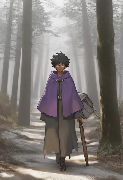 1girl, short hair, black hair,( dark skin:1.2), glasses, green pupils , black sclera, glare on the face, largue breasts, standing pose, bandage on arms, purple cape, black wizard clothes, very torn clothes, wooden cane on the back, backpack, serious face, forest,( trees:1.5), walking, open eyes, winter, messy hair, detailed eyes, Closed mouth, worn clothes,
