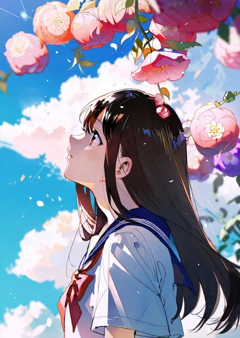 Hitagi Senjougahara
by sushi0831 by by rella
1girl, solo, flower, long hair, outdoors, letterboxed, school uniform, day, sky, looking up, short sleeves, parted lips, shirt, cloud, black hair, sunlight, white shirt, serafuku, upper body, from side, pink flower, blurry, brown hair, blue sky, depth of field
masterpiece, best quality, high quality, highres, absurdres, very detailed, high resolution, sharp, sharp image, 8k, vivid, stunning, anime, aesthetic