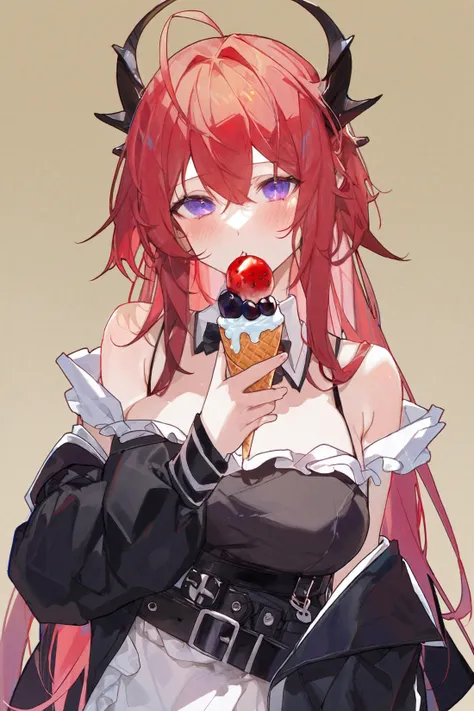 by kuroduki, best quality, masterpiece, surtr \(arknights\), 1girl, ice cream, food, breasts, horns, solo, red hair, purple eyes, cleavage, long hair, upper body, looking at viewer, holding, dress, black dress, bare shoulders, fruit, holding food, bangs, hair between eyes, chest strap, large breasts, popsicle, blush, yellow background, off shoulder, detached collar, jacket, cup, food on body, ice cream cone