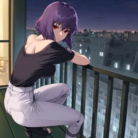 Masterpiece, anime screencap, solo, 29 year old woman in white pants, black shirt, (Kusanagi Motoko), short hair, purple hair, red eyes, cleavage, (large breasts), large hips, large penthouse, balcony, window, 4k, Ghost in the Shell, perfecteyes