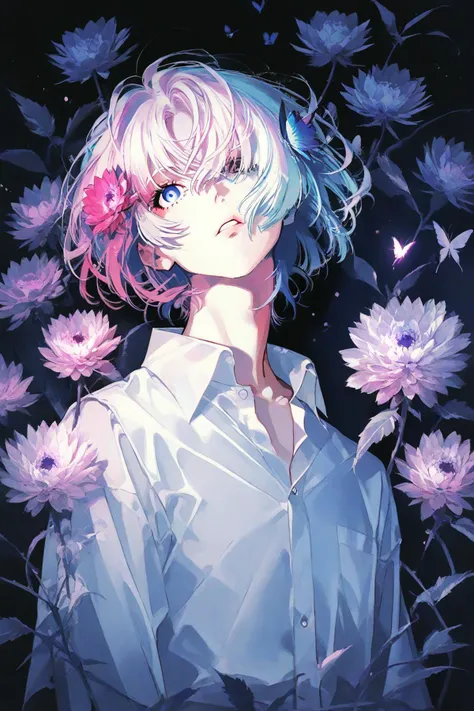 best quality,aesthetic,detailed,by yoneyama mai,(colorful:1.3),1boy,solo,full_shot,looking at viewer,multicolored eyes,pink eyes,one eye covered,flower over eye,eyelashes,short hair,pink hair,blue hair,floating hair,multicolored hair,hair flower,hair ornament,bangs,white skin,white shirt,shirt,perspective clothe,pants,flower,butterfly,blue butterfly,blue flower,purple flower,petals,glowing,highres,<lora:add-detail-xl:1>,<lora:d4rk01lXLP:1>,<lora:Detailed_Anime_Style_Backgrounds_for_PonyXL:1>,<lora:StS_Skin_Tone_Slider_v5:5>,