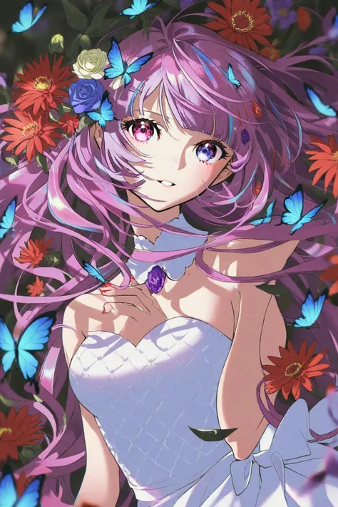 best quality,aesthetic,detailed,by yoneyama mai,colorful,1girl,solo,upper body,looking at viewer,multicolored eyes,pink eyes,one eye covered,flower over eye,eyelashes,long hair,pink hair,purple hair,floating hair,multicolored hair,hair flower,hair ornament,bangs,breasts,white dress,dress,bare shoulders,fingernails,nail polish,flower,butterfly,bug,blue butterfly,blue flower,red flower,purple flower,strapless,petals,<lora:add-detail-xl:1>,