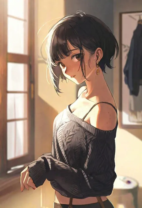 1girl, short hair, black hair, young, black top, small sweater, lace top with exposed shoulders, medium breast, medium ass, creole earring, subtle freckles, (room, soft light, sun light:0.7), concept art, brown eyes, (sharp jaw:.6), paint style, warm colors
