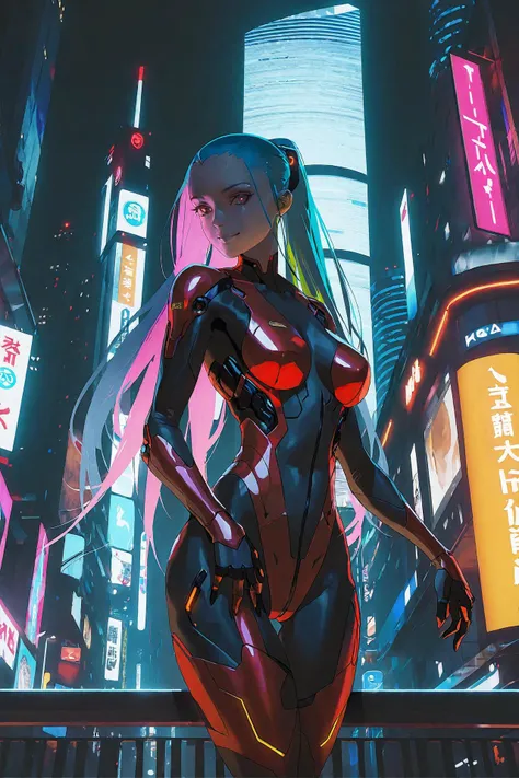 (1girl:1.2),(solo:1.2),masterpiece,best quality,highly detailed,best quality,photo realistic,highres,extremely detailed wallpaper,third-party edit,
nice hands,perfect hands,smile,(red tech bodysuit with black pantyhose),long hair,multicoloured hair,standing elegantly,(portrait:1.2),red tech bodysuit,(extremely detailed bodysuit texture:1.5),see through,(shiny texture:1.2),gloves,cyberpunk city background,