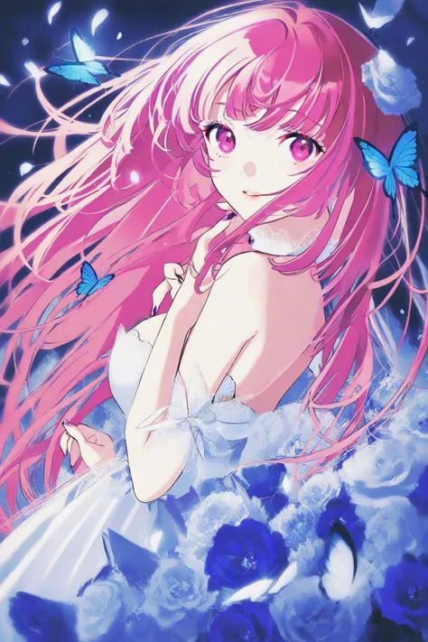 best quality,aesthetic,detailed,by yoneyama mai,colorful,1girl,solo,upper body,looking at viewer,multicolored eyes,pink eyes,one eye covered,flower over eye,eyelashes,long hair,pink hair,purple hair,floating hair,multicolored hair,hair flower,hair ornament,bangs,breasts,white dress,dress,bare shoulders,fingernails,nail polish,flower,butterfly,bug,blue butterfly,blue flower,red flower,purple flower,strapless,petals,highres,<lora:add-detail-xl:1>,<lora:StS_Skin_Tone_Slider_v5:5>,