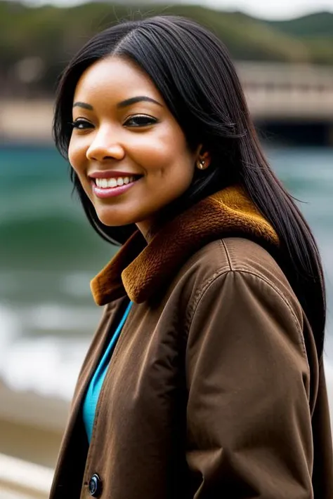 64bri3113uni0n, woman, black hair, brown eyes, smile, t-shirt, (brown coat:1.3), blue jeans, belt, outdoors, ((pier facing the ocean)), Photorealistic, Hyperrealistic, Hyperdetailed, analog style, detailed skin, matte skin, soft lighting, subsurface scattering, realistic, heavy shadow, masterpiece, best quality, ultra realistic, 8k, golden ratio, Intricate, High Detail, film photography, soft focus, <lora:Gabrielle_Union_PMv1_Lora:1.3>,