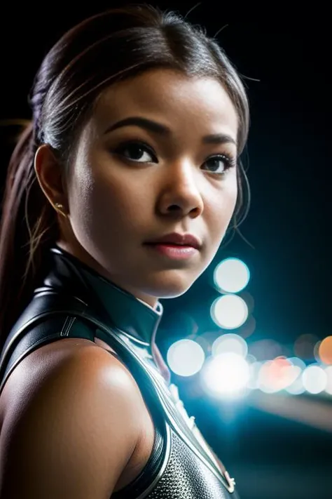 64bri3113uni0n, full body, female superhero outfit with glowing LED piping, running down the street, outdoor, night, futuristic city, atmospheric, <lora:Gabrielle_Union_PMv1_Lora:1.3>,, detailed skin texture, (blush:0.5), (goosebumps:0.5), subsurface scattering, high quality photography, 3 point lighting, flash with softbox, 4k, Canon EOS R3, hdr, smooth, sharp focus, high resolution, award winning photo, 80mm, f2.8, bokeh, ((Close-Up))