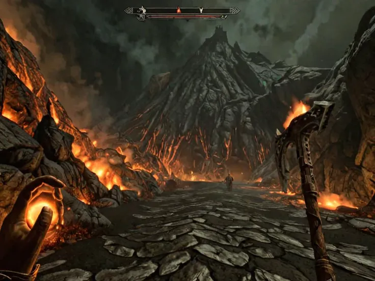 videogame screenshot, inside a volcano,  torch light style skyrim <lora:Skyrim_Style_XL>