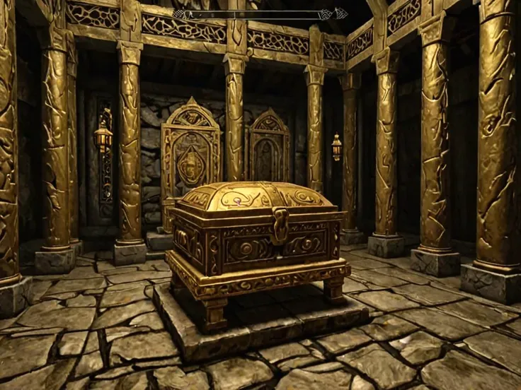 videogame screenshot, a golden sarcophagus inside a golden shrine, style skyrim <lora:Skyrim_Style_XL>