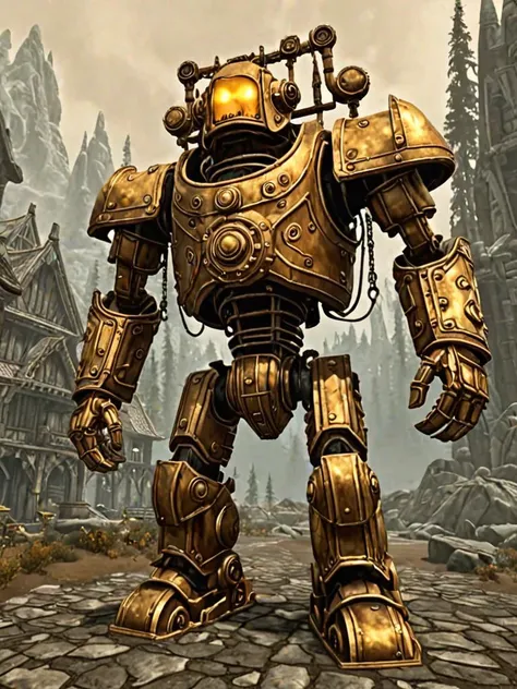 videogame screenshot, a giant golden Dwarven mechanical steam robot, style skyrim <lora:Skyrim_Style_XL>