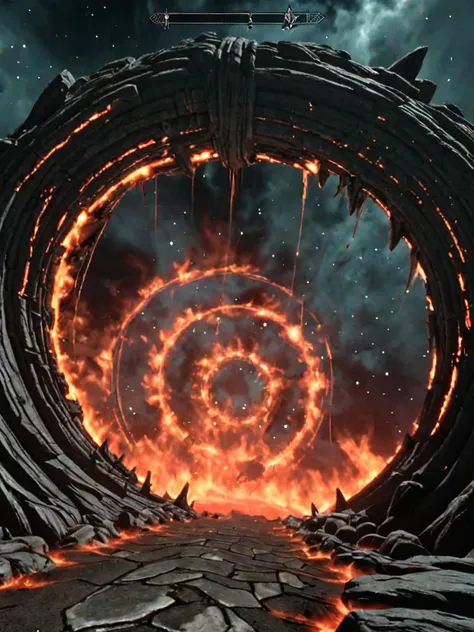 videogame screenshot, a rip in space and time creating a giant portal to hell, style skyrim <lora:Skyrim_Style_XL>