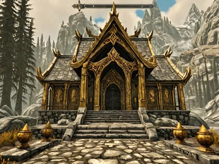 videogame screenshot, a golden shrine, style skyrim <lora:Skyrim_Style_XL>