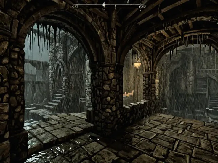 videogame screenshot, inside a keep, wet style skyrim <lora:Skyrim_Style_XL>