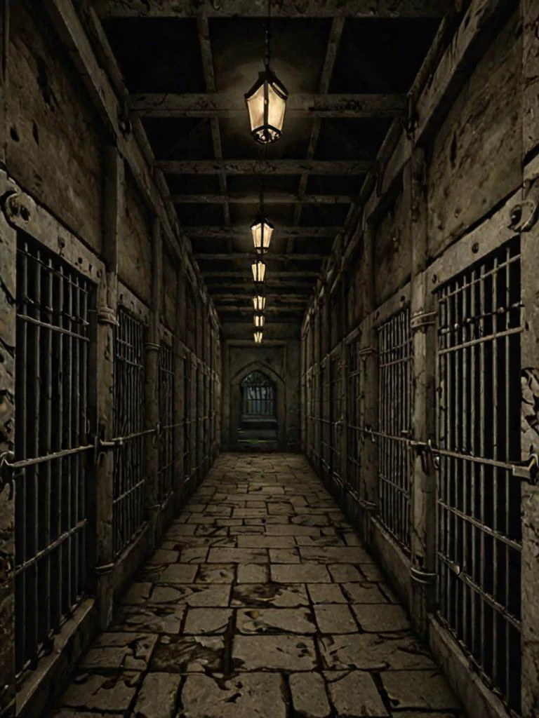 videogame screenshot, inside a cell block, moonlight, with a cultist, style skyrim <lora:Skyrim_Style_XL>