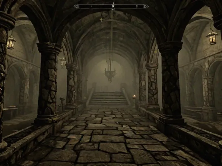 videogame screenshot, inside a crypt, foggy style skyrim <lora:Skyrim_Style_XL>