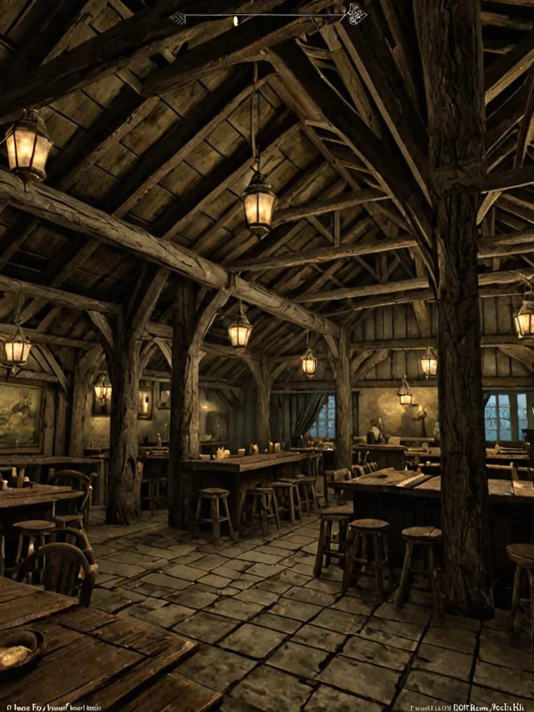 videogame screenshot, inside a tavern, skylight, with a Hagraven, style skyrim <lora:Skyrim_Style_XL>