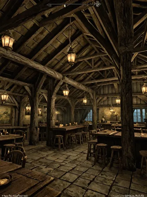 videogame screenshot, inside a tavern, skylight, with a Hagraven, style skyrim <lora:Skyrim_Style_XL>