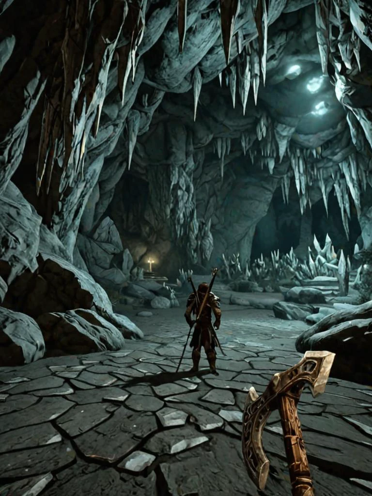 videogame screenshot, inside a crystal cave, moonlight, with a Warrior, style skyrim <lora:Skyrim_Style_XL>
