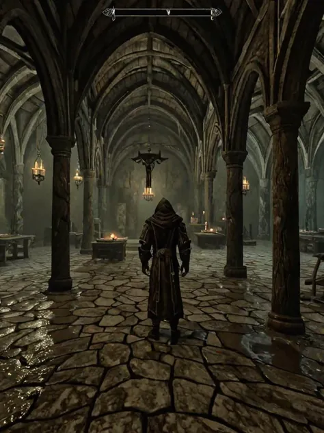 videogame screenshot, inside a monastery, wet, with a cultist, style skyrim <lora:Skyrim_Style_XL>