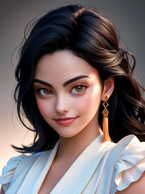 Realistic photo of a beautiful c4m1l4m woman, 1girl,solo,looking at viewer,smile,black hair,brown eyes,jewelry,closed mouth,earrings,lips,tassel,portrait,realistic, soft lighting, professional Photography, Photorealistic, detailed, RAW, analog, sharp focus, 8k, HD, high quality, masterpiece<lora:c4m1l4m:1.0>