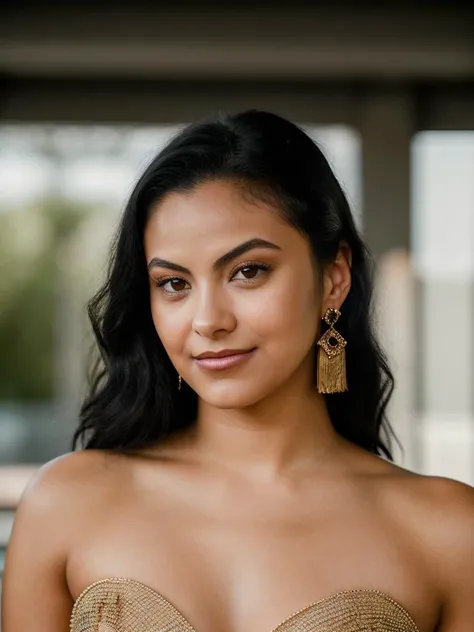 (high quality:1.5), (((8k))), extremely detailed, (High detail:1.2), Solo, (HotLexi Woman)), 24 year old Indigenous Brazilian female, ((perfect anatomy)), (in mansion), (black luxury dress strapless with gold details),