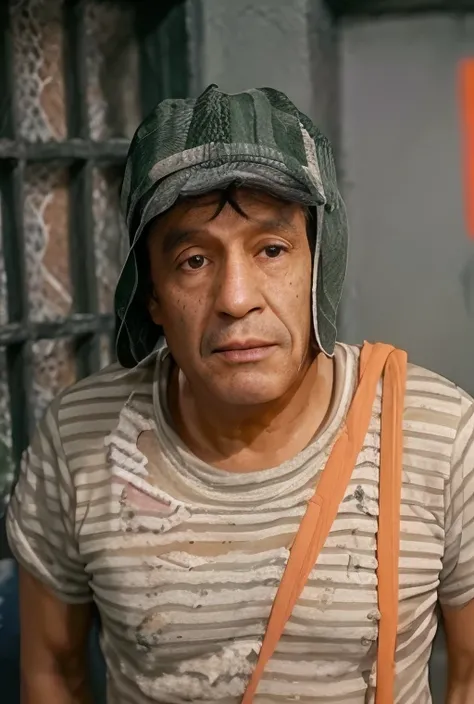 RAW photo, a portrait photo of Chavesdooito, 55 y.o., inprison outfit, in a jail, (high detailed skin:1.2), 8k uhd, dslr, soft lighting, high quality, ultrarealistic, film grain, Fujifilm XT3 <lora:Chavesdooito_v1.0:1>