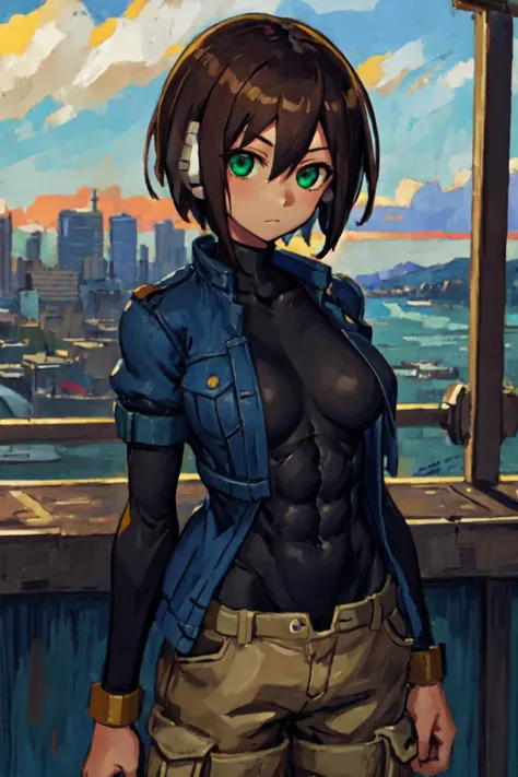 masterpiece,best quality,1girl,aile_megamanzx,short hair,brown hair, short sleeves, black bodysuit, blue open jacket, robot ears, green eyes, short over long sleeves, khaki shorts, covered abs, <lora:Aile_MegaMan_ZX:0.8> facing viewer, breasts