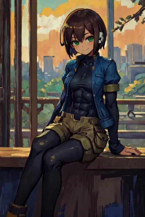 masterpiece,best quality,1girl,sitting with one leg crossed over the other, 1girl, solo, blue open jacket, short hair, brown hair, short sleeves, (black bodysuit:1.2), robot ears, green eyes, khaki shorts, short over long sleeves, smile, covered abs, <lora:Aile_MegaMan_ZX:1> facing viewer,