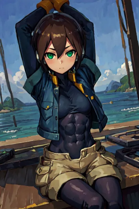 masterpiece,best quality,1girl, aile_megamanzx, short hair, brown hair, short sleeves, (black bodysuit:1.2), blue open cutoff jacket, robot ears,green eyes, short over (long sleeves), khaki shorts, sitting, stretching, arms up, covered abs, <lora:Aile_MegaMan_ZX:1> facing viewer,