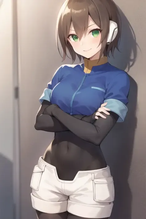 aile_megamanzx, leaning against a wall or object with arms crossed, 1girl, solo, short hair, brown hair, short sleeves, bodysuit, robot ears, green eyes, shorts, short sleeves, short over long sleeves, smile, masterpiece, high quality, <lora:Aile_MegaMan_ZX-03:0.7>