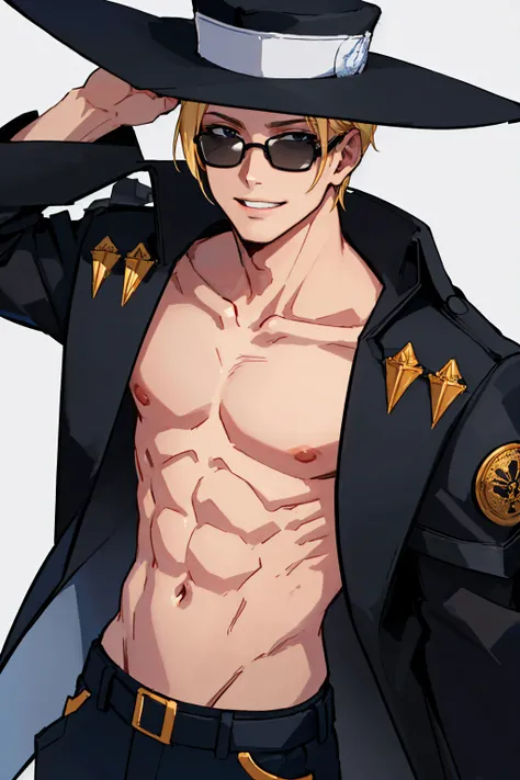 (masterpiece, best quality:1.2), solo, male focus, 1boy, johnny, muscular male, smile, looking at viewer, hat, sunglasses, open clothes, coat, pectorals, abs <lora:johnny-gg-richy-v1:1.0>