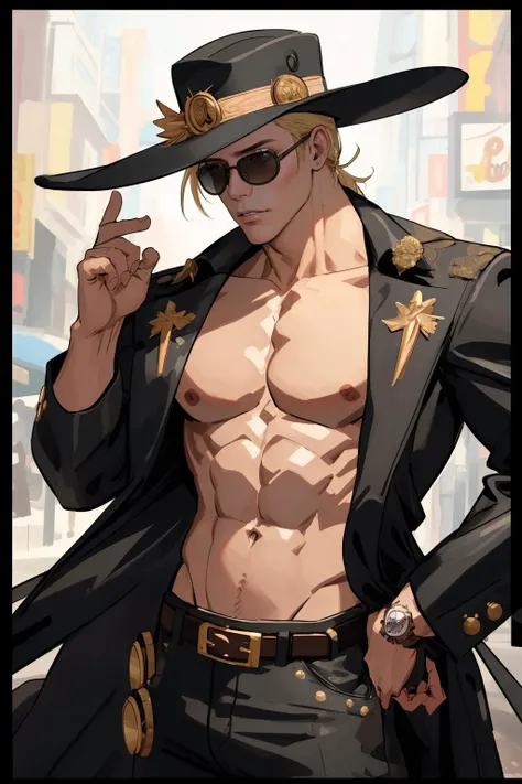 <lora:johnny-gg-richy-v1:0.8> johnny, coat, sunglasses, hat, open clothes, pectorals, muscular, abs, hollywood, bokeh,cowboy shot,, (masterpiece, best quality,highres, perfect hands), masterpiece,best quality,ultra-detailed,very detailed illustrations,extremely detailed,intricate details,highres,super complex details,extremely detailed 8k cg wallpaper