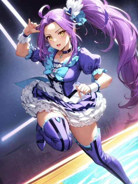 masterpiece, best quality, looking at viewer, walking, cute,
1girl, <lora:locon_cure_beat_1:0.9>, cure beat, purple hair, side ponytail, ahoge, thigh boots, puffy short sleeves, wrist cuffs, ribbon, jewelry, heart hair ornament, yellow eyes,
