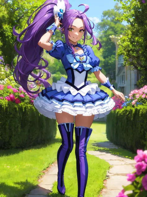 masterpiece, best quality, looking at viewer, walking, smile,
1girl, <lora:locon_cure_beat_1:0.9>, cure beat, purple hair, side ponytail, ahoge, thigh boots, puffy short sleeves, wrist cuffs, ribbon, jewelry, heart hair ornament,
garden,