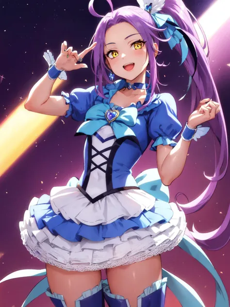 (((Panty shot)))、mini skirt、(((Rainbow Magical Girl Costume))、Beauty、(((Purple Hair Ponytail)))、((whole body))、(((photo taken from below)))、night sky