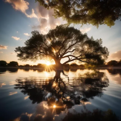 An intimate shot of a Dappled Light photo of Acacia tree is reflected in the water at sunset or dawn with the sun shining through the clouds and reflecting in the water, reflective, a picture, naturalism, volumetric lighting, bokeh,