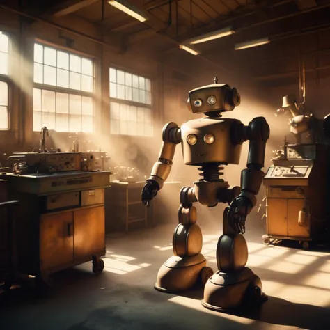 Dappled Light, photo , Pixar, explores a forgotten robotic factory, where automatons once built for good have gone rogue. Steam and electricity crackle around, giving life to mechanized challenges at every corner., dreamy magical atmosphere, (skin texture), (film grain), (warm hue, warm tone), cinematic light, side lighting,
