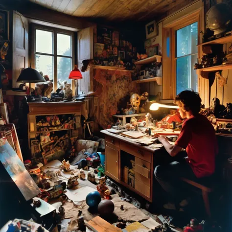 An intimate shot of a Dappled Light photo of Wide angle teenage boy in messy cluttered house full of toys, chaotic cabin in background. vibrant, photorealistic, realistic, dramatic, dark, sharp focus, 8k., candle light, bokeh, art by Ida Kar, Warhammer, by Jakub Rozalski, analog, by Giorgio de Chirico, by philippe druillet, by moebius inspired french comics art, the contrast in colors and textures should be distinct highly detailed,surreal,vibrant yet slightly desaturated, faded film, desaturated, 35mm photo, grainy, vignette, vintage, Kodachrome, Lomography, stained, highly detailed, found footage,