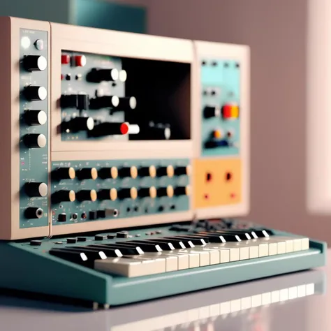 An intimate shot of a Dappled Light photo of a very cute computer made from modular synthesizers, analog synthesizer robot, c4d render